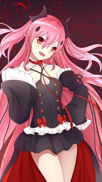 Anime picture 1080x1920 with owari no seraph wit studio kururu tepes guanghe zuoyong de de yezi single long hair tall image blush fringe open mouth simple background hair between eyes standing bare shoulders payot looking away pink hair head tilt pink eyes pointy ears