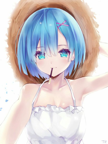 Anime picture 900x1200 with re:zero kara hajimeru isekai seikatsu white fox rem (re:zero) tr (hareru) single tall image fringe short hair simple background hair between eyes white background bare shoulders holding blue hair upper body aqua eyes light smile alternate costume mouth hold arm behind head