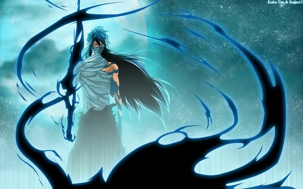 Anime picture 1440x900 with bleach studio pierrot kurosaki ichigo raijin13 single long hair red eyes wide image blue hair cloud (clouds) night sky coloring magic smoke muscle spoilers star (stars) bandage (bandages) full moon