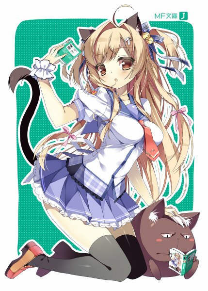Anime picture 858x1200 with original mf bunko pikomint single long hair tall image blush open mouth blonde hair brown eyes animal ears looking away ahoge tail animal tail cat ears cat girl cat tail two side up kneeling