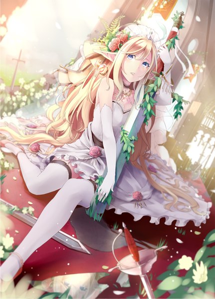 Anime picture 1292x1800 with original retsuna single long hair tall image blue eyes blonde hair sitting bare shoulders pointy ears tears girl thighhighs dress gloves flower (flowers) weapon plant (plants) petals white thighhighs