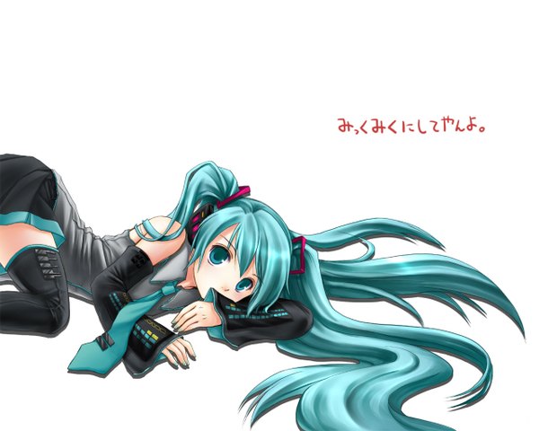 Anime picture 1280x1024 with vocaloid hatsune miku nacht single long hair looking at viewer white background twintails bare shoulders green eyes lying nail polish green hair copyright name character names text english aqua nail polish girl thighhighs
