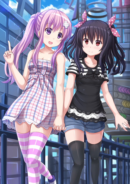 Anime picture 945x1337 with choujigen game neptune nepgear uni (choujigen game neptune) kazenokaze long hair tall image open mouth black hair smile red eyes purple eyes multiple girls purple hair ponytail two side up holding hands interlocked fingers girl thighhighs dress