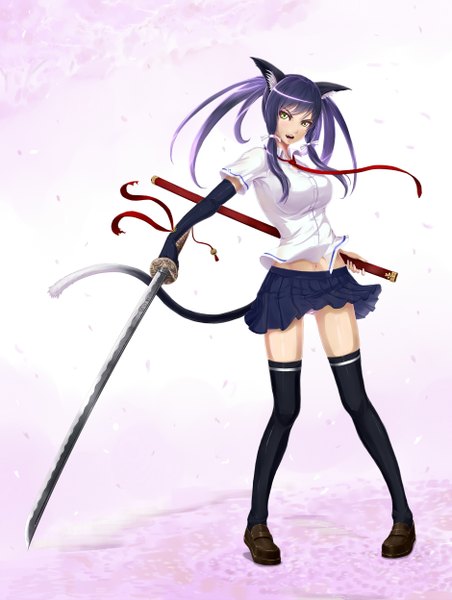 Anime picture 1879x2494 with original kazeno long hair tall image highres open mouth simple background white background green eyes animal ears purple hair animal tail cat ears cat tail girl thighhighs skirt ribbon (ribbons) weapon black thighhighs