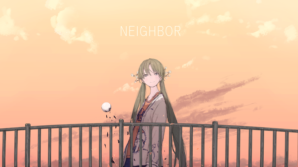 Anime picture 1920x1080 with vocaloid hatsune miku yushika single long hair highres smile wide image twintails sky cloud (clouds) upper body green hair grey eyes low twintails evening girl hair ornament cardigan ball