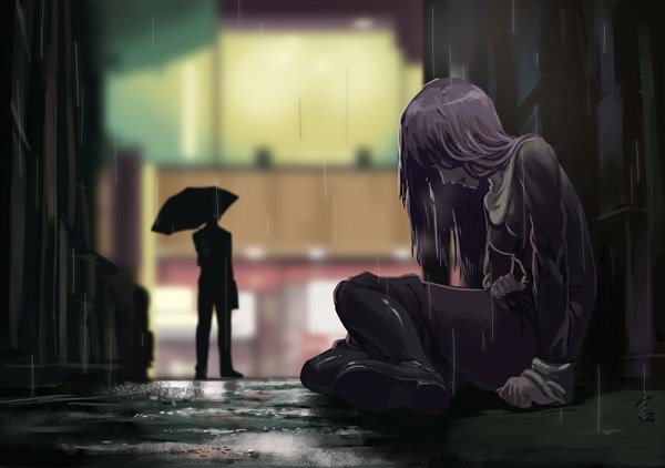 Anime picture 1378x970 with kara no kyoukai type-moon asagami fujino kokutou mikiya feitie (artist) long hair fringe open mouth sitting signed grey hair rain silhouette hair over eyes street girl dress boy boots black dress