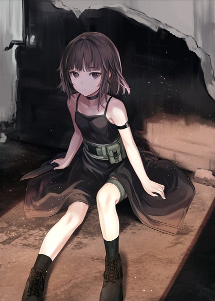 Anime picture 861x1200 with original bute (butegram) single tall image looking at viewer fringe short hair brown hair sitting bare shoulders holding brown eyes bent knee (knees) arm support lacing expressionless girl dress choker socks