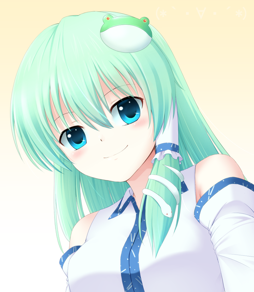 Anime picture 1000x1150 with touhou kochiya sanae 40cabbage single long hair tall image looking at viewer blush blue eyes smile hair between eyes bare shoulders green hair gradient background portrait girl hair ornament detached sleeves hairclip hair tubes