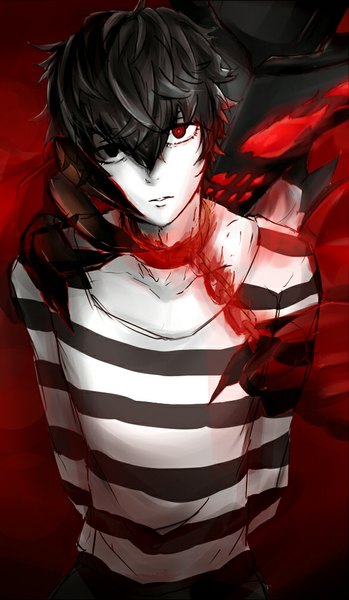Anime picture 583x1000 with persona 5 persona amamiya ren arsene (persona 5) tall image looking at viewer fringe short hair black hair head tilt glowing pale skin messy hair boy chain collar