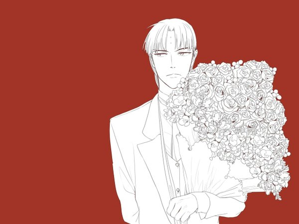 Anime picture 1280x960 with d.gray-man howard link tagme (artist) single short hair simple background white hair monochrome hands behind back red background white eyes boy flower (flowers) shirt necktie rose (roses) suit bouquet