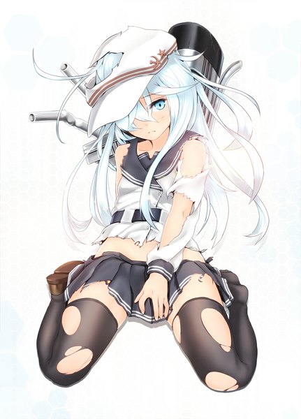 Anime picture 800x1112 with kantai collection hibiki destroyer verniy destroyer infinote single long hair tall image looking at viewer blue eyes simple background white background white hair torn clothes hammer and sickle girl thighhighs black thighhighs flat cap torn thighhighs