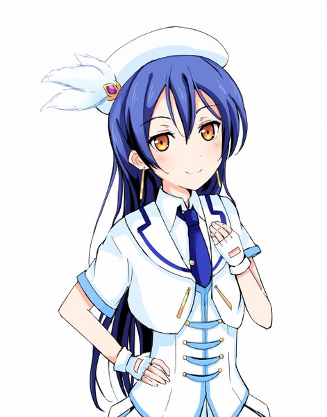 Anime picture 1022x1300 with love live! school idol project sunrise (studio) love live! sonoda umi basira single long hair tall image looking at viewer blush fringe simple background smile standing white background blue hair short sleeves orange eyes hand on chest girl