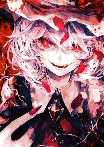 Anime picture 1240x1753 with touhou remilia scarlet uni (bom19850101) single long hair tall image looking at viewer fringe open mouth smile hair between eyes red eyes upper body white hair :d fingernails fang (fangs) long fingernails albino girl