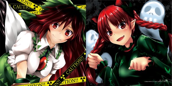 Anime picture 1200x600 with touhou reiuji utsuho kaenbyou rin k2isu long hair red eyes wide image twintails multiple girls animal ears red hair braid (braids) pointy ears cat ears twin braids extra ears ghost arm cannon girl bow