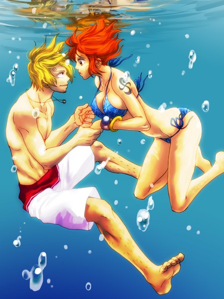 Anime picture 1200x1600 with one piece toei animation nami (one piece) sanji kuri (pienu) tall image short hair breasts light erotic blonde hair red eyes large breasts profile orange hair tattoo couple holding hands blue background underwater face to face
