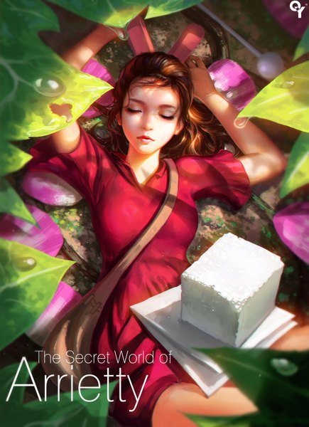 Anime picture 1089x1500 with the borrower arrietty studio ghibli arrietty liang xing single long hair tall image brown hair signed ponytail lying eyes closed realistic copyright name minigirl girl dress petals food sweets