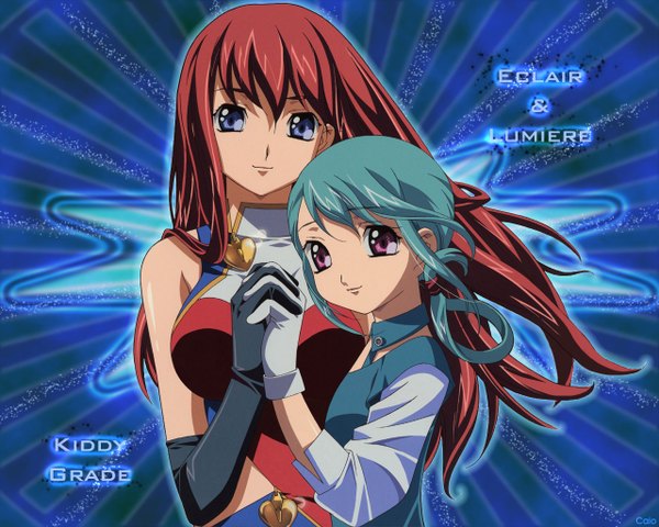 Anime picture 1280x1024 with kiddy grade gonzo eclair (kiddy grade) lumiere long hair breasts blue eyes brown hair large breasts purple eyes multiple girls light smile aqua hair wallpaper copyright name sleeveless holding hands flat chest girl gloves