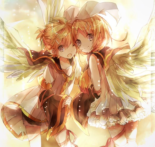 Anime picture 1900x1800 with vocaloid kagamine rin kagamine len inaresi looking at viewer highres short hair open mouth blonde hair smile ponytail one eye closed looking back grey eyes holding hands angel wings twins brother and sister cheek-to-cheek girl