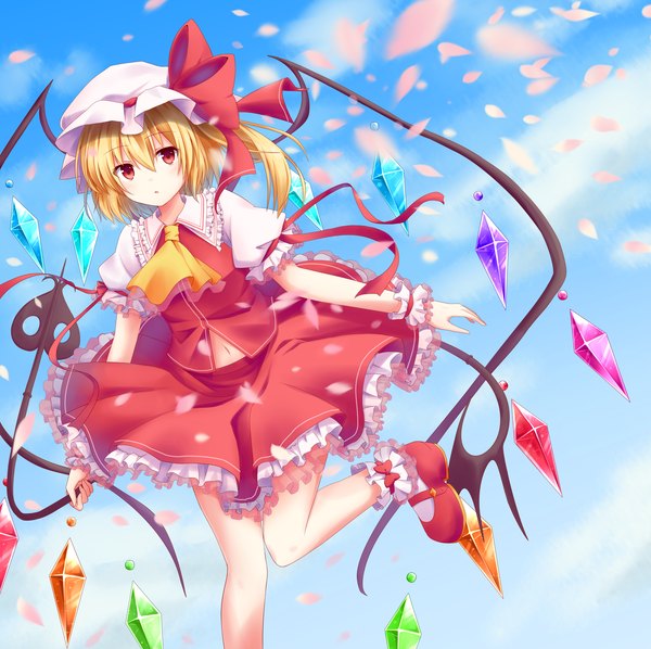 Anime picture 1907x1901 with touhou flandre scarlet kure~pu single looking at viewer highres short hair blonde hair red eyes one side up girl dress skirt bow weapon petals wings bonnet skirt set crystal