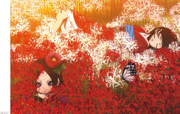 Anime picture 5115x3239 with hell girl studio deen enma ai looking at viewer highres short hair black hair brown hair purple eyes absurdres lying eyes closed traditional clothes japanese clothes hair flower scan girl hair ornament flower (flowers) kimono