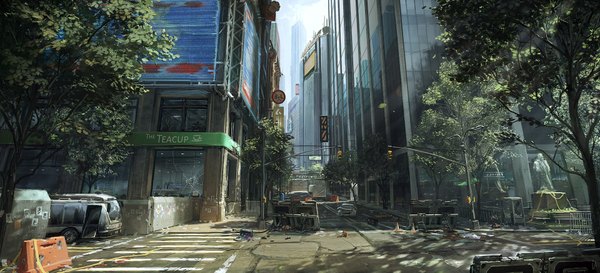 Anime picture 1920x875 with crysis crysis 2 highres wide image sky sunlight inscription official art shadow city reflection cityscape no people street destruction crosswalk plant (plants) tree (trees) window building (buildings)