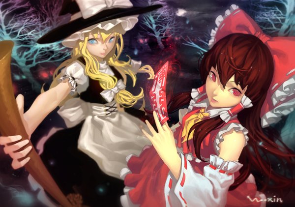 Anime picture 4370x3071 with touhou hakurei reimu kirisame marisa han-0v0 long hair looking at viewer highres blue eyes blonde hair red eyes brown hair multiple girls signed absurdres puffy sleeves outstretched arm bare tree girl bow 2 girls
