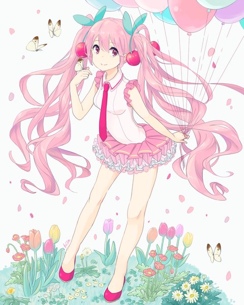 Anime picture 1200x1500 with vocaloid hatsune miku sakura miku kise (swimmt) single tall image looking at viewer twintails pink hair very long hair pink eyes sleeveless girl skirt flower (flowers) miniskirt petals necktie food frills