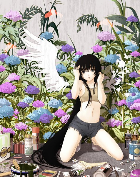 Anime picture 868x1095 with original nacht single long hair tall image black hair black eyes midriff girl navel flower (flowers) wings shorts paintbrush art brush trim brush
