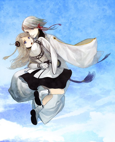 Anime picture 1216x1500 with last exile last exile: gin'yoku no fam gonzo alvis hamilton dio eracles katsura (+araka) long hair tall image looking at viewer short hair open mouth blue eyes smile sky cloud (clouds) blue background eyeshadow falling scared girl