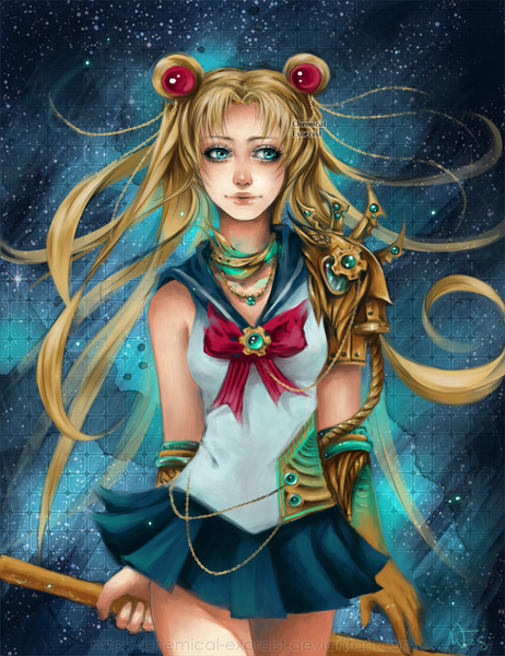 Anime picture 771x1000 with bishoujo senshi sailor moon toei animation tsukino usagi sailor moon chemical-exorcist single long hair tall image breasts blue eyes blonde hair standing holding looking away pleated skirt lips girl skirt hair ornament bow