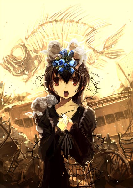 Anime picture 2507x3541 with original shimadoriru tall image highres short hair open mouth brown hair brown eyes absurdres ruins angel skeleton flower (flowers) halo fish (fishes) thorns