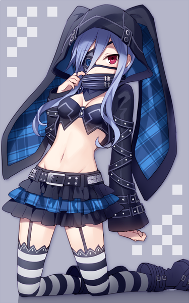 Anime picture 500x800 with fairy fencer f ethel (fairy fencer f) hijiri (resetter) single long hair tall image looking at viewer fringe breasts light erotic black hair hair between eyes red eyes long sleeves bare belly kneeling plaid animal hood 2017 girl