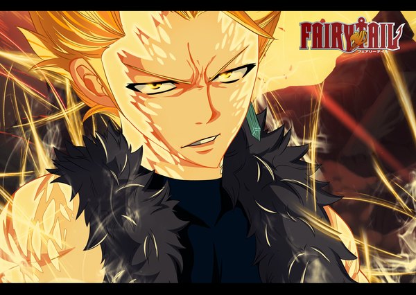Anime picture 1700x1207 with fairy tail sting eucliffe kazuyag12 single short hair blonde hair yellow eyes inscription sleeveless coloring magic muscle angry boy earrings fur