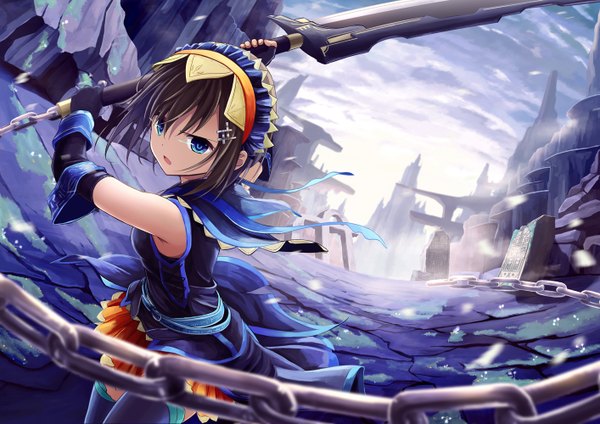 Anime picture 1414x1000 with original tree-raim single looking at viewer fringe short hair open mouth blue eyes hair between eyes brown hair bare shoulders cloud (clouds) pleated skirt :o dutch angle zettai ryouiki sleeveless glowing close-up glowing eye (eyes)