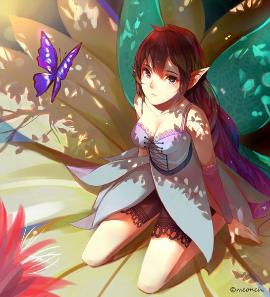 Anime picture 800x880 with original mconch single long hair tall image looking at viewer blush fringe red eyes sitting signed cleavage red hair from above pointy ears shadow kneeling fantasy seiza insect wings