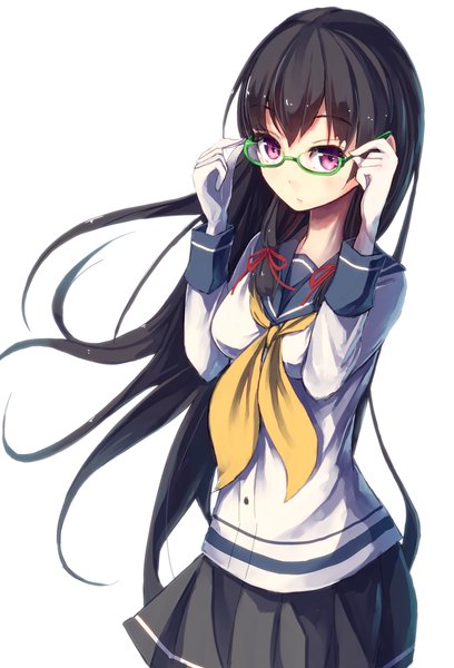 Anime picture 681x1000 with kantai collection isokaze destroyer konkito single long hair tall image looking at viewer fringe black hair simple background white background purple eyes from above wind tress ribbon bespectacled girl uniform ribbon (ribbons) hair ribbon