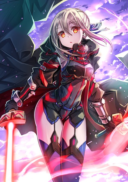 Anime picture 2474x3500 with fate (series) fate/grand order artoria pendragon (all) mysterious heroine x (alter) (fate) sho (runatic moon) single tall image looking at viewer fringe highres short hair open mouth light erotic blonde hair hair between eyes red eyes standing holding payot sky