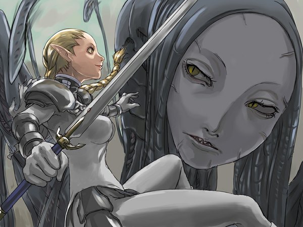 Anime picture 1024x768 with claymore madhouse ophelia tea (nakenashi) long hair blonde hair yellow eyes braid (braids) pointy ears single braid sword armor