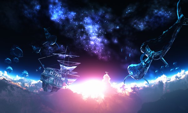 Anime picture 2000x1200 with original y-k highres wide image sky cloud (clouds) night sky no people scenic animal star (stars) fish (fishes) watercraft ship boat sailing-ship