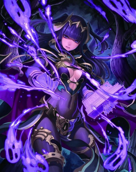 Anime picture 841x1060 with fire emblem fire emblem awakening nintendo sarja terumii single long hair tall image looking at viewer fringe breasts purple eyes holding cleavage purple hair two side up magic girl gloves plant (plants)