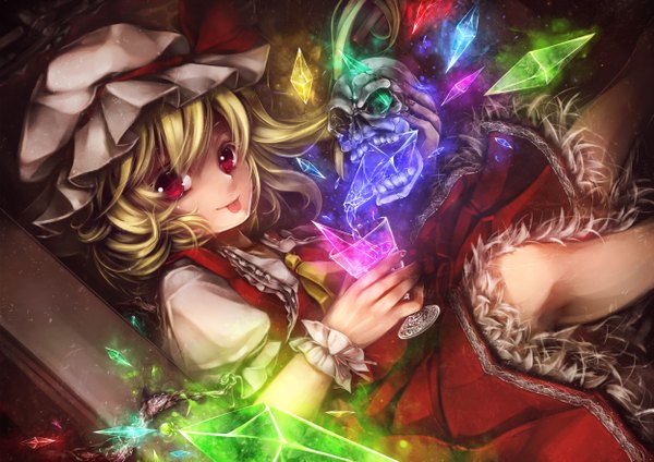 Anime picture 2500x1770 with touhou flandre scarlet serizawa mutsuki single highres short hair blonde hair red eyes one side up glowing :p girl hat headdress tongue skull crystal glass