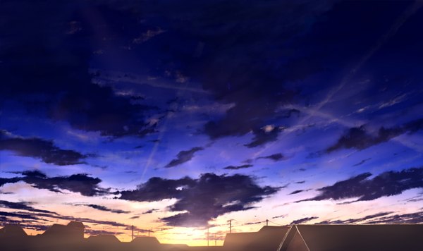 Anime picture 1516x901 with original mks wide image sky cloud (clouds) sunlight evening sunset cityscape no people house roof