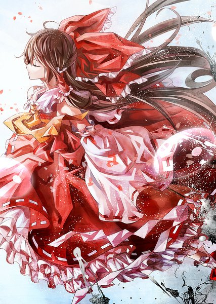 Anime picture 746x1049 with touhou hakurei reimu kozou single long hair tall image fringe simple background brown hair white background eyes closed traditional clothes profile walking girl bow ribbon (ribbons) hair bow detached sleeves petals