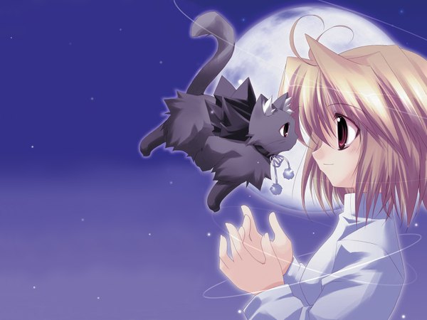 Anime picture 1600x1200 with shingetsutan tsukihime type-moon arcueid brunestud len (tsukihime) len (cat) moon cat