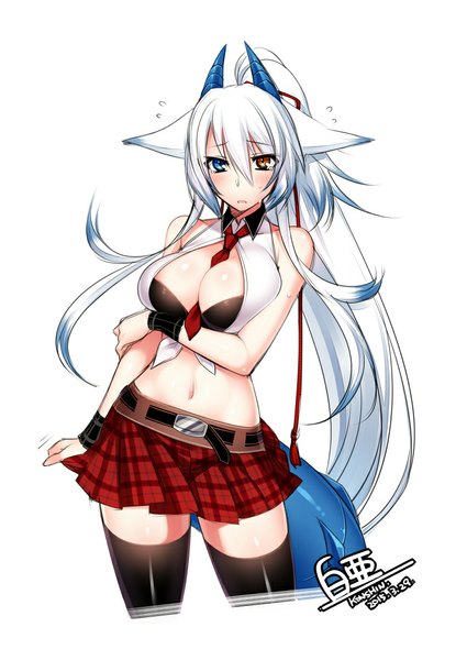 Anime picture 752x1062 with original pixiv fantasia konshin single tall image blush fringe breasts blue eyes light erotic simple background large breasts white background animal ears white hair ponytail very long hair horn (horns) bare belly orange eyes