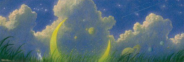 Anime picture 1000x341 with original toshio ebine wide image signed sky cloud (clouds) no people landscape crescent shooting star plant (plants) animal grass bunny planet