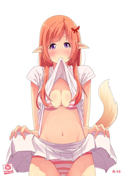 Anime picture 1654x2339 with dream-of-abell single long hair tall image looking at viewer blush light erotic simple background white background purple eyes tail animal tail pointy ears orange hair pantyshot skirt lift girl skirt navel hair ornament