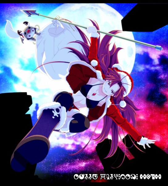 Anime picture 1315x1450 with mahou shoujo madoka magica shaft (studio) sakura kyouko kyuubee tsukumo single long hair tall image light erotic red eyes red hair open clothes open jacket fur trim girl thighhighs skirt weapon black thighhighs miniskirt