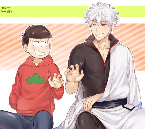 Anime picture 900x800 with gintama osomatsu-san sunrise (studio) sakata gintoki matsuno osomatsu mery (yangmalgage) blush fringe short hair black hair smile hair between eyes sitting signed looking away white hair blunt bangs traditional clothes japanese clothes multiple boys