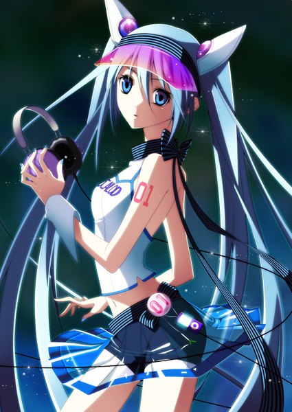 Anime picture 2490x3518 with vocaloid ipod hatsune miku e-megu (artist) long hair tall image highres twintails bare shoulders aqua eyes aqua hair girl bow shorts headphones wire (wires)